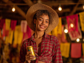 a young woman dressed in typical Festa Junina clothes, colorful clothes, vibrant colors, on a background of São João flags, lights	
