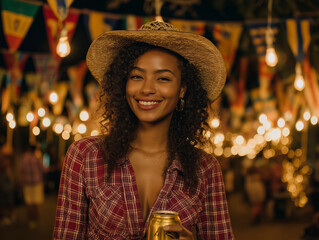 a young woman dressed in typical Festa Junina clothes, colorful clothes, vibrant colors, on a background of São João flags, lights	