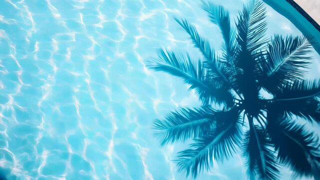 Palm tree shadow reflected in clear swimming pool water, summer vibes scene.