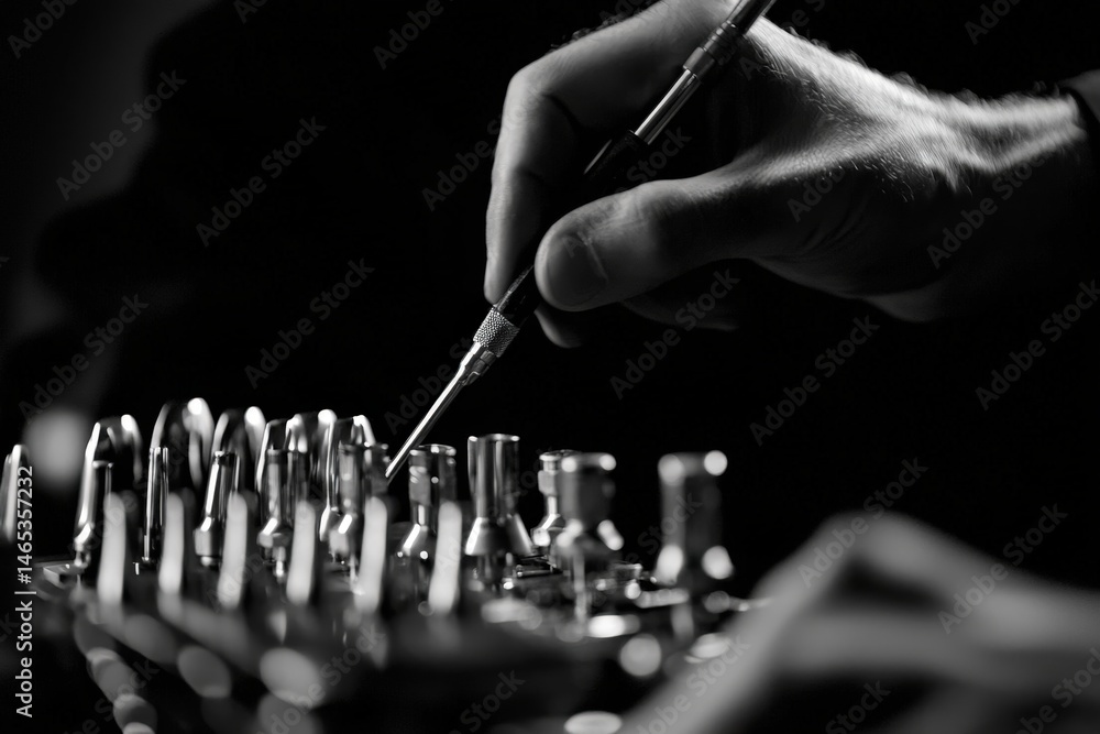 Aufkleber repair and technical improvements. a hand delicately works with tools against a blurred backdrop, em