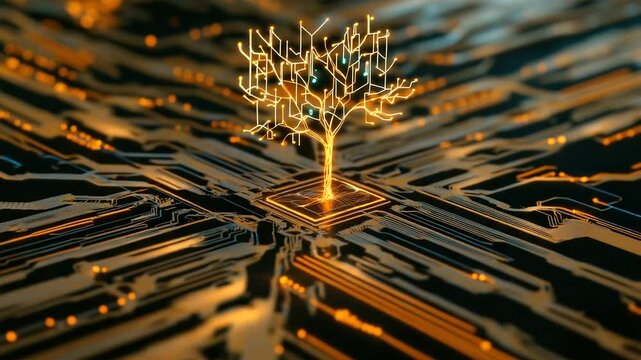 Techno-organic tree rises from central node of electric circuit board, branches expand across digital grid, symbolizing cyber evolution