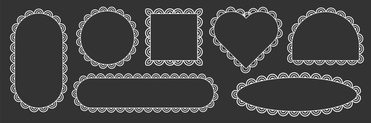 Set of lace frames with scalloped edges. Decorative patterned borders for photo framing in square, round, and rectangular shapes. Vector ornaments isolated on gray background.