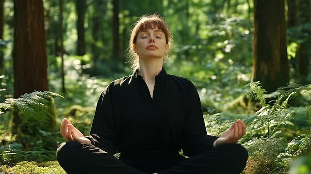 Tranquil scene of woman meditating in sunny forest clearing, hands resting on knees, calm breath syncing with nature&rsquo;s rhythm