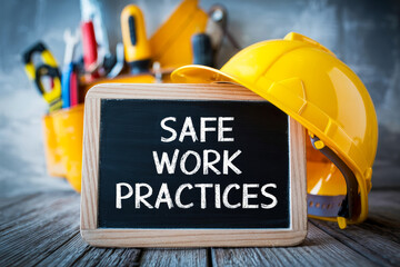 Safety gear and a sign promoting safe work practices.