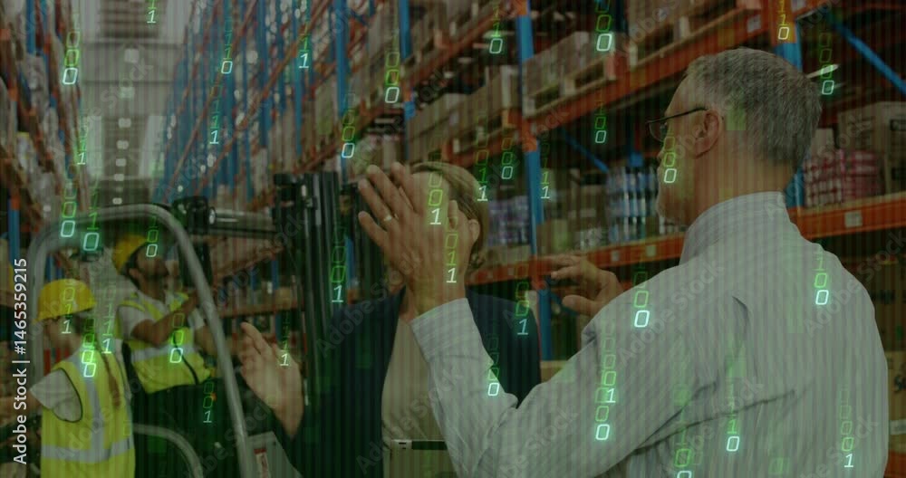 Poster business professionals inspecting warehouse inventory, showing floating binary code logistics data