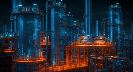 Chemistry or oil refinery plant. Neon light image of an industrial object for advertising and presentation purposes.