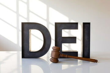 Gavel next to DEI letters in a sunlit room.