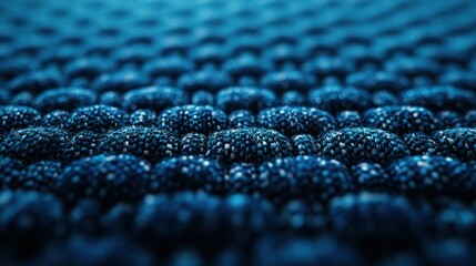 Close-up view of a complex, textured, dark-blue cellular structure.  Densely packed, spherical components, detailed surface
