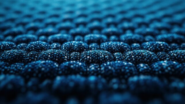 Close-up view of a complex, textured, dark-blue cellular structure. Densely packed, spherical components, detailed surface