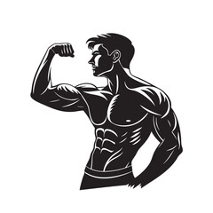 A black vector illustration shows the silhouette of a strong, muscular young man in a boxing sport stance, a powerful athlete