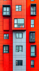 Fototapeta premium Modern apartment building facade with contrasting red and gray panels and dark windows