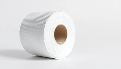 Close-up of a pristine white paper towel roll on a plain white background, bathroom, absorbent