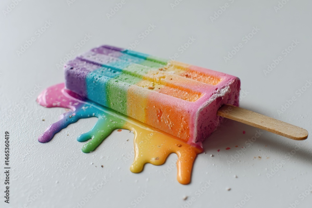 Aufkleber Colorful Rainbow Popsicle Melting on a White Surface Creating a Vibrant Pool of Colors Generative AI