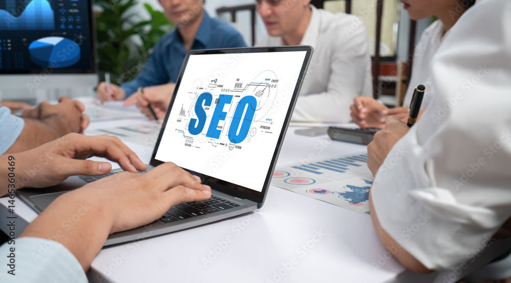 Fototapete seo search engine optimization for brisk e-commerce and online retail business showing on computer s