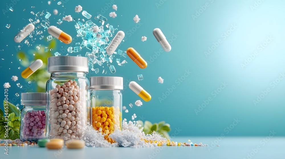 Poster an abstract image of broken containers pills and tablets floating in a holographic digital environme