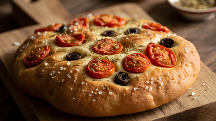 Focaccia on a wooden cutting board