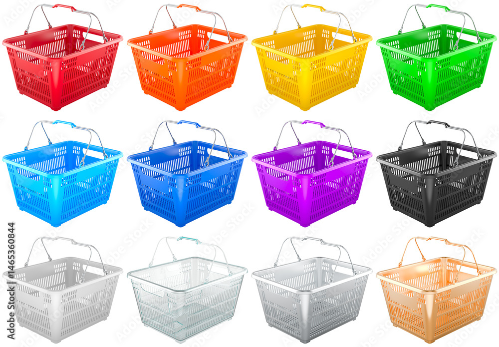 Poster empty colored shopping baskets, set. 3d rendering isolated on transparent background