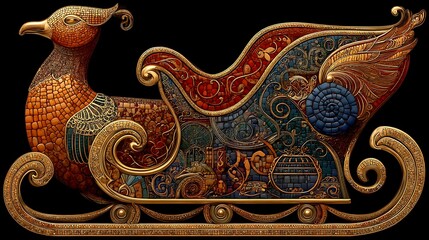Ornate bird-drawn sleigh, detailed mosaic design
