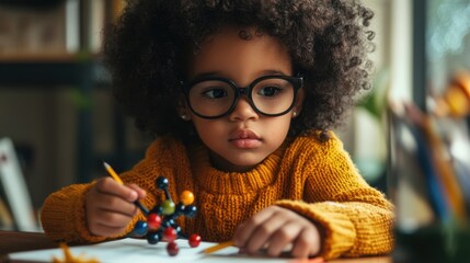 Cute little girl studying science and using molecular model at home