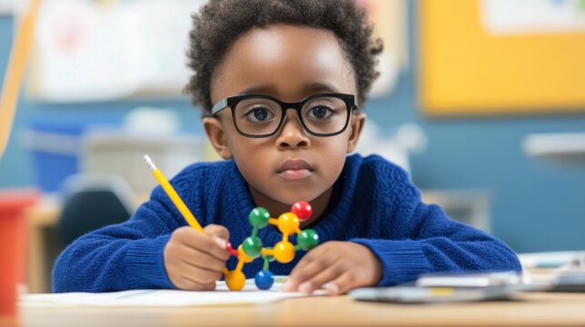 Curious preschool student examining molecular model in classroom setting