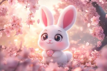 Adorable Easter Bunny Amidst Cherry Blossoms