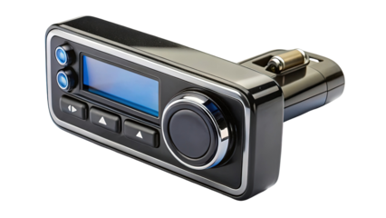 Modern Black Car Audio System with Blue LCD Screen and Chrome Accents