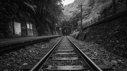 Fototapeta premium Journey's End or Beginning: Monochromatic View of Railway Tracks Leading into a Tunnel, Evoking Themes of Travel and Uncertainty.