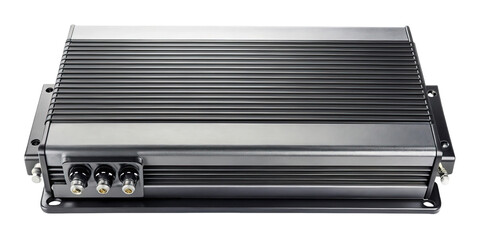 Fototapeta premium Closeup shot of a metal audio amplifier with a silver finish casing