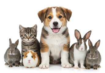 Obraz premium A group of domestic animals including a dog cat guinea pig and three rabbits on a white background