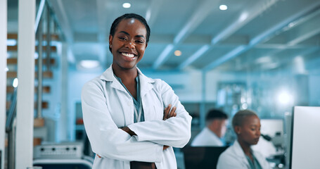 Laboratory, woman and portrait with smile for confidence, medical research and about us with pride. Healthcare, female person and scientist with arms crossed for science or pharmaceutical development
