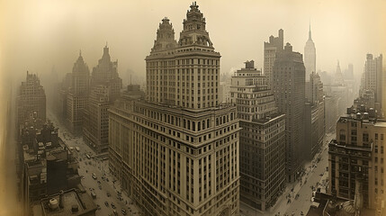 Aerial view of a dense city skyline, likely New York City, in sepia tones, showcasing towering buildings and street traffic