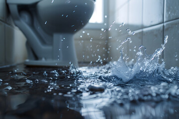 Overflowing bathroom flood with water splashes