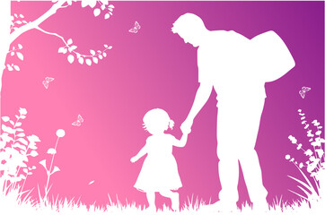 white silhouette of a father and his daughter going to play in the park with a gradient color background between pink and purple