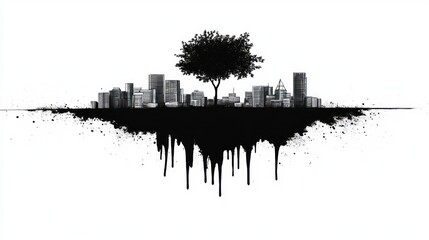Obraz premium Monochromatic cityscape illustration with dripping ink effect.