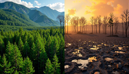 Before/after composite showing green forest and same location scorched earth, climate change impact visualization