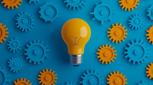 Yellow light bulb surrounded by orange gears on blue background symbolizing innovation, creativity, and problem solving. - Powered by Adobe