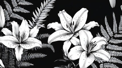 Elegant black and white floral design featuring lilies and ferns.
