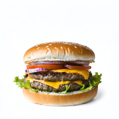 Double cheeseburger with lettuce, tomato, onion, and melted cheese on a sesame bun, isolated on white background. AI generated.