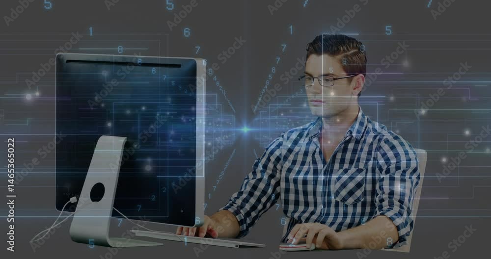  software developer tapping mouse and typing keys, overlaying floating numbers and circuit lines
