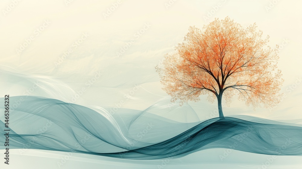 Poster an elegant abstract tree on the right side, with delicate, artistic lines and a muted color palette,