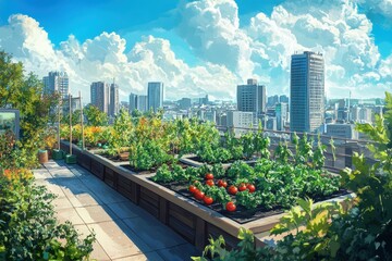 Fototapeta premium Urban rooftop garden with city views, a vibrant green space.