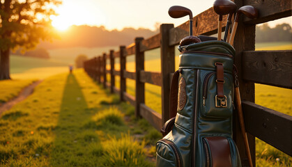 Vintage-style golf bag with wooden clubs leaning against rustic fence, nostalgic atmosphere at sunrise  