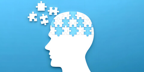 Mental Health Concept with Human Head Puzzle Pieces on Blue Background.Dementia and parkinson's disease. Head and brain diseases concept.