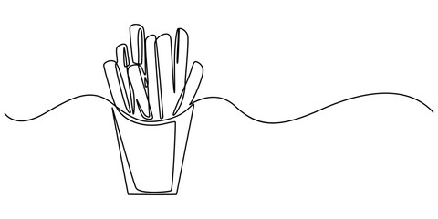 one continuous drawn line of french fries drawn from the hand picture silhouette. Line art. fast food food potato cooked in flint, French fries in continuous line art drawing style. Fried potato stick