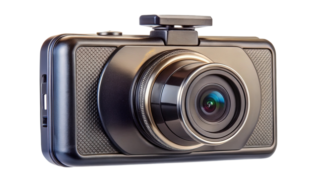 High resolution image of a modern dash cam device against black background