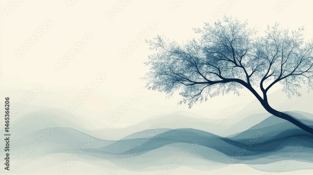 Poster an abstract tree with minimalistic design elements on the right, with soft hues and smooth, flowing 