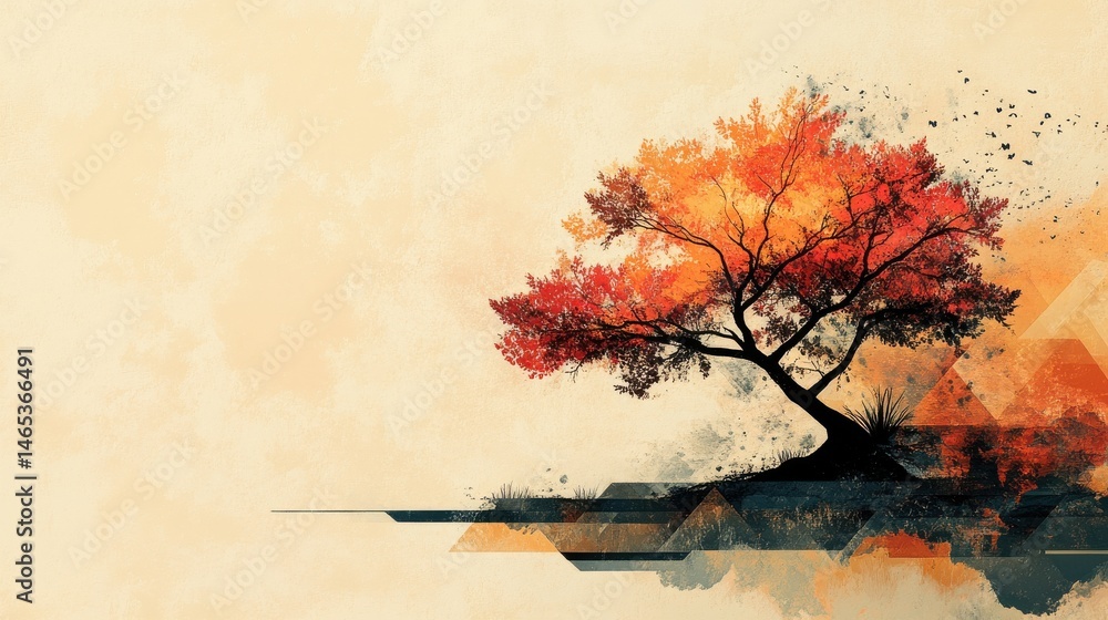 Poster an abstract tree with geometric patterns and a slightly distorted shape, positioned on the right, wi