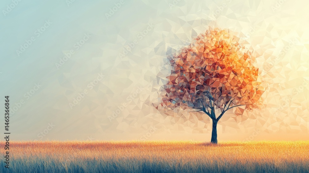 Poster an abstract tree with geometric patterns and a slightly distorted shape, positioned on the right, wi