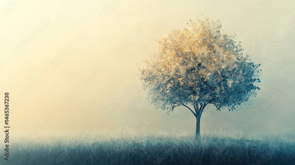 Poster an abstract tree formed from geometric shapes on the right side of the field, with soft tones, and a