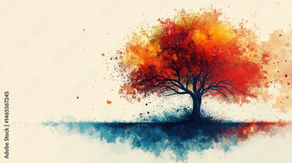 Poster an abstract tree design on the right side, using splashes of color and fluid forms, leaving plenty o